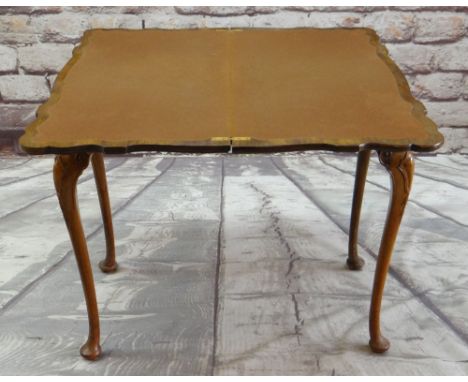 REPRODUCTION QUEEN ANNE-STYLE BURR WALNUT FOLD-OVER CARD TABLE, the shaped top with brown baize inlaid playing surface and sc