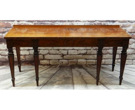 GOOD 19TH CENTURY REGENCY STYLE MAHOGANY & EBONY STRUNG SERVING TABLE, rectangular top with low raised back, above three conc