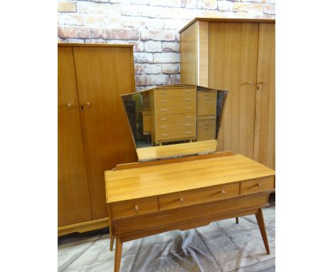 ALFRED COX MID-CENTURY WALNUT BEDROOM SUITE comprising dressing table 120cms w, tall and short wardrobe 190cms h &amp; 146cms