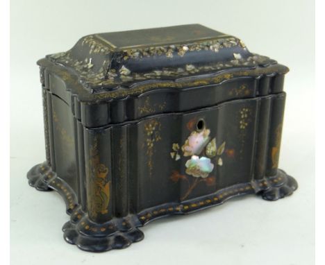 VICTORIAN PAPIER MACHE TEA CADDY, japanned, mother of pearl inlaid and gilt decoration, shaped rectangular form, 24w x 14.5h 