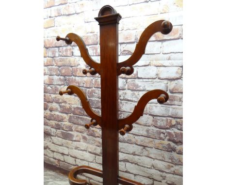 VICTORIAN MAHOGANY HALL STAND, with scrolled arms, turned hooks, and metal inset stick stand base,  70w x 22d x 201cms h Cond