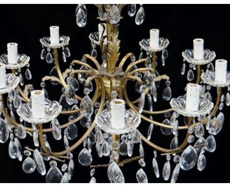 VICTORIAN-STYLE GILT METAL &amp; GLASS TEN BRANCH CEILING LIGHT, central column with acanthus leaf ornament, faceted pear sha