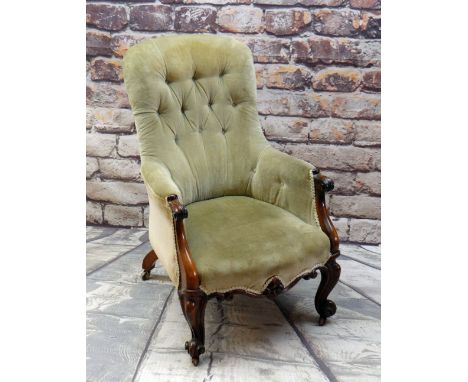 GOOD VICTORIAN ROSEWOOD BUTTON-BACK ARMCHAIR, olive green velour upholstery, foliate carved seat rail, deep scrolled legs, ce