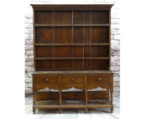 MODERN REPRODUCTION OAK WELSH DRESSER, boarded delft rack with wrought iron hooks, on base fitted with three frieze drawers a