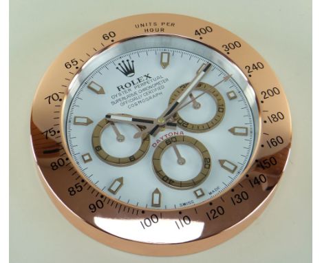 ROLEX DAYTONA COSMOGRAPH DEALER'S POINT OF SALE WALL CLOCK, 'rose gold' calibrated bezel and sweep seconds hand, white dial, 