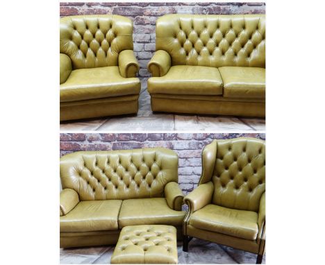 VICTORIAN-STYLE LEATHER SOFA SUITE, button upholstered mustard leather with scroll arms, loose cushions, comprising 2x two-se