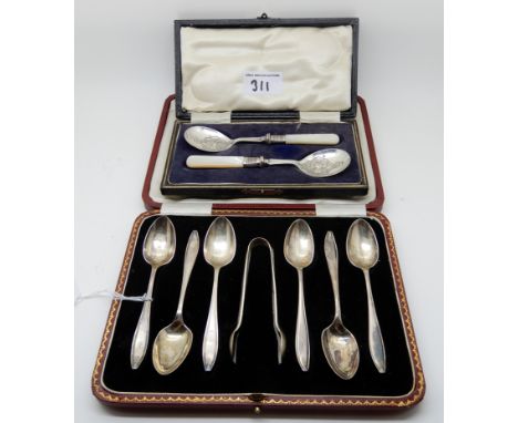 A lot comprising a case set of six silver teaspoons, Sheffield 1923 and a cased pair of EP and mother of pearl jam spoons Con