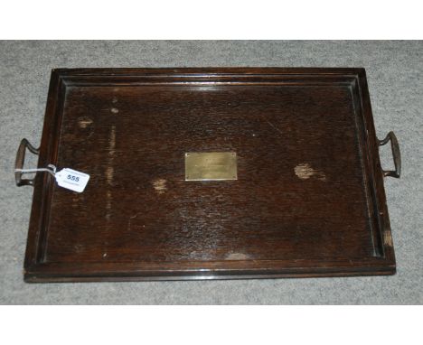 A two handled tea tray with brass plaque inscribed Presented by Rowntree &amp; Co Ltd, York and a Corinthian bagatelle board 