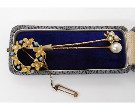 A 15ct  gold circular brooch set with turquoise and pearls, weight 2.8gms, an 18ct gold topped leaf pin set with pearls and a