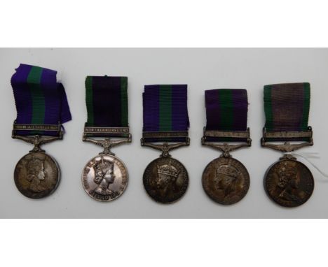 A lot comprising five General Service medals Borneo to 981552 R Hughill A.B.R.N., George VI Malaya to 221865 Pte J MacKinnon,