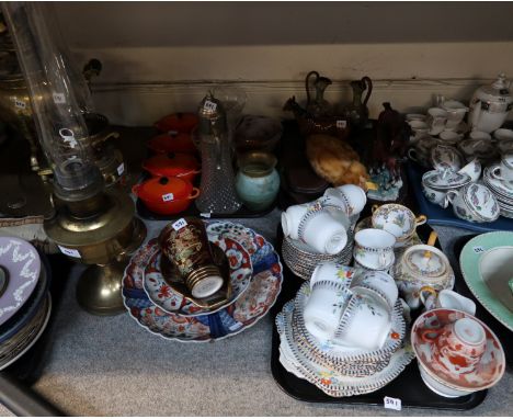 Two brass oil lamps, Carlton Ware vase and plate, two Imari plates, Steiff ginger kitten, Heathcote China teaset and other it