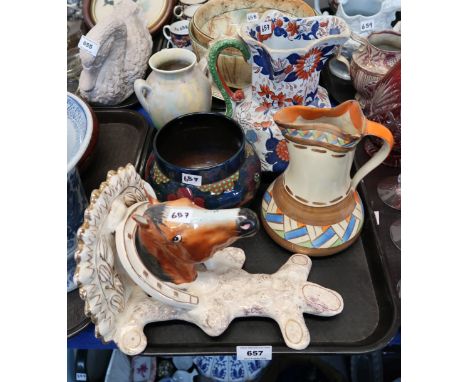 A pottery horsehead and horseshoe wall bracket, a Decoro vase, Myott jug etc Condition Report: Available upon request