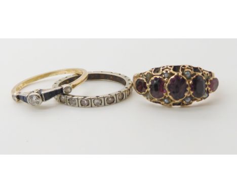 A pink gem and pearl ring size R1/2, a yellow metal diamond and blue gem setting size P and a diamond set full eternity ring 
