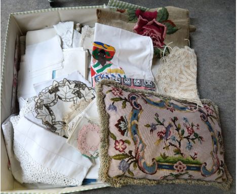 Assorted table linen, tapestry cushion and panel etc Condition Report: No condition report available for this lot