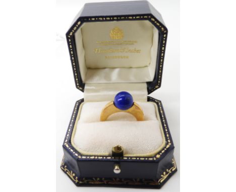 An 18ct gold Hamilton &amp; Inches statement ring set with a ball of lapis lazuli, ball size 9mm, finger size L, weight 7.7gm