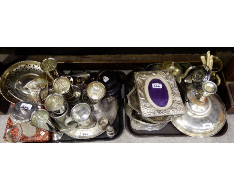 A lot comprising five trays of EP - photo frame, candlesticks, goblets, tea service, loose cutlery etc Condition Report: Avai