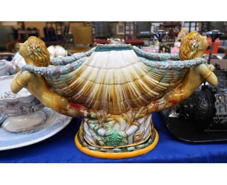 A large majolica planter, modelled as two mermaids and a large shell Condition Report: Available upon request