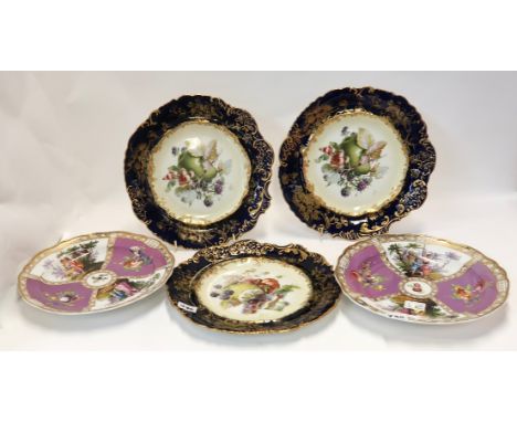Two Meissen style plates and three Hammersley fruit decorated dessert plates Condition Report: Available upon request