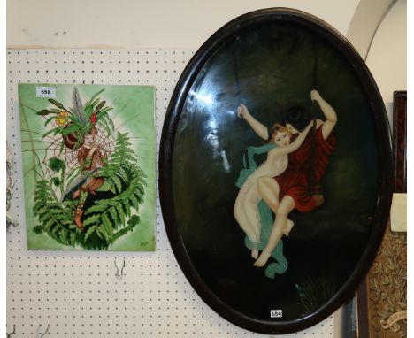 A reverse painted oval panel of a couple on a swing, and a tube lined ceramic panel of a fairy Condition Report: Available up
