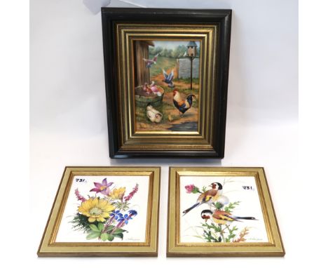 A porcelain panel painted with a Cockerel, hen and pigeons, signed by Royal Worcester artist F. Clark, 12cm x 17cm together w