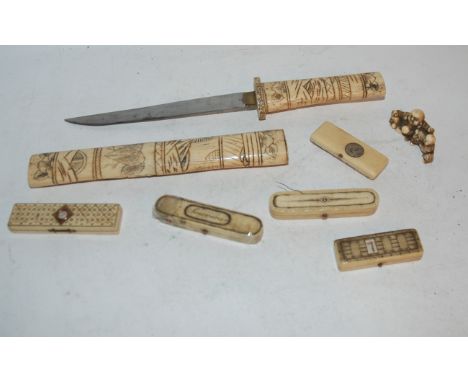 Small Japanese dagger in carved scabbard, carved netsuke, boxes etc Condition Report: Available upon request
