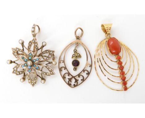 An Edwardian flower pendant brooch set with seed pearls and turquoise, dimensions 2.8cm x 3.8cm, a 9ct Edwardian pendant set 