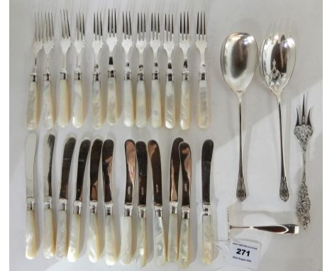 A lot comprising a pair of silver salad servers Sheffield 1936, a part set of silver and mother of pearl dessert cutlery, a p