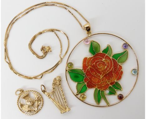 An 18ct gold plique a jour style cold enamelled pendant of a rose set with gems, weight 10.3gms, together with two 9ct gold p