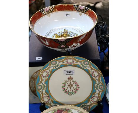 A Minton plate with turquoise and floral painted border with central monogram/motif and a Royal Worcester Golden Jubilee bowl