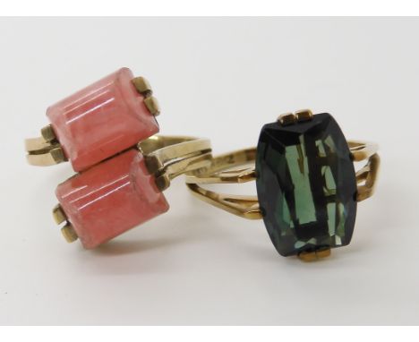 A German 8ct (stamped 333) gold retro ring set with a green gem, size Q and a further 8ct gold retro ring set with pink gems 