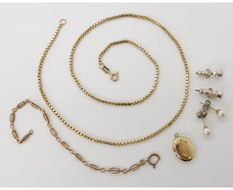 A 9ct gold box chain length 42cm and piece of 9ct chain, 9ct pearl earrings weight combined 9.1gms, a 14k gold locket weight 