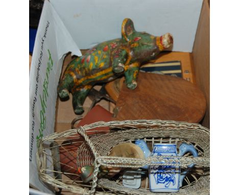 A box of miscellaneous including ceramic pig, ships plaques etc Condition Report: Available upon request