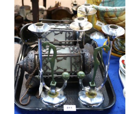 A pair of Chromed art deco candleholders, two Turkish lamps and a candlestick Condition Report: Available upon request