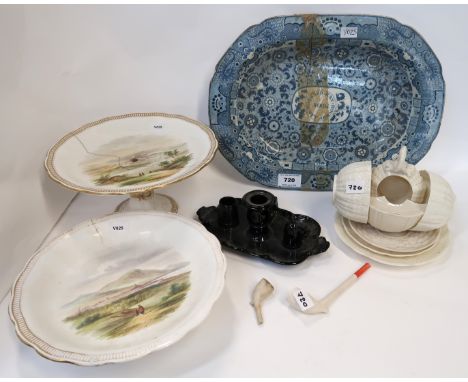 A blue and white platter marked for the Grand Jury Room, County Armagh (cracked), two dessert tazzas, one painted with a scen