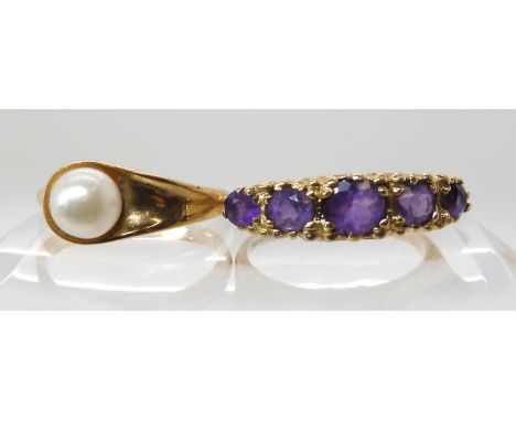 A 9ct gold five stone amethyst ring, size M, a 9ct pearl ring size M1/2, weight combined 5.7gms Condition Report: Available u