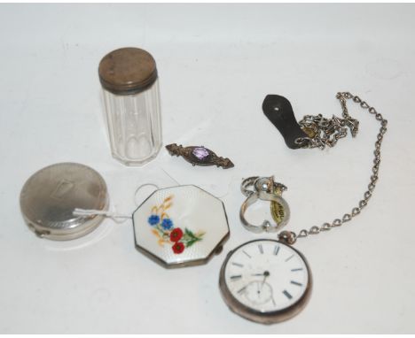 A silver and enamel compact, silver-cased pocket watch, silver brooch etc Condition Report: Available upon request