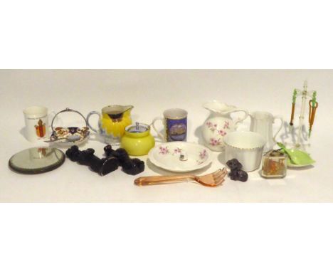 POOLE POTTERY MILK JUG, CARLTON WARE JAM DISH AND SPOON AND SUNDRY CERAMICS AND OTHER ORNAMENTS 