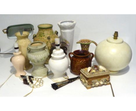 A POTTERY PUZZLE JUG AND OTHER POTTERY AND A GLASS DESK LAMP WITH OPAQUE GREEN GLASS SHADE ETC..... 
