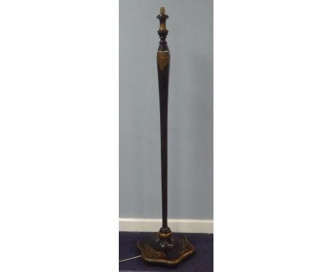 A BLACK LACQUERED AND FLORAL DECORATED WOODEN STANDARD LAMP WITH HEXAGONAL BALUSTER COLUMN AND HEXAGONAL BASE 
