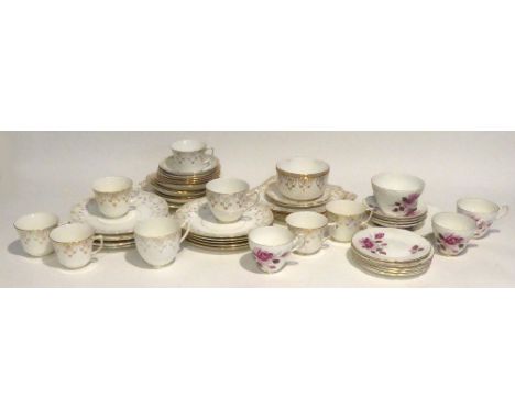 'PENDANT' CHINA TEA SERVICE FOR EIGHT PERSONS, WITH GILT PATTERNED BORDER AND A REGENCY CHINA PART TEA SERVICE DECORATED WITH