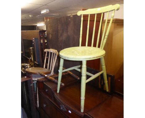 AN OAK TWO TIER TEA TROLLEY, A GREEN PAINTED COMB BACK KITCHEN CHAIR, A MAHOGANY WALL SHELF (3) 
