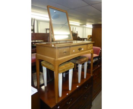 A MODERN LIGHT WOOD DRESSING TABLE WITH THREE SHORT DRAWERS AND OBLONG SWING TOILET MIRROR, ON SQUARE TAPERING LEGS, 3'6" WID