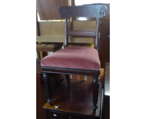 EARLY  VICTORIAN MAHOGANY SINGLE CHAIR WITH CURVED SHOULDER BOARD AND A SINGLE LADDER RAIL, STUFFED OVER SEAT, ON HEXAGONAL T