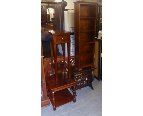A MODERN STAINED WOODEN MAGAZINE RACK, SMALL SQUARE OCCASIONAL/COFFEE TABLE, A TALL MODERN STAINED WOOD BOOKCASE, A LAMP TABL