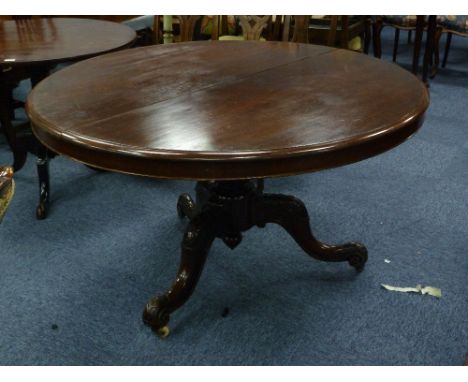 VICTORIAN CARVED MAHOGANY TILT-TOP BREAKFAST TABLE,the moulded circular top above a crossbanded frieze and heavy floral carve