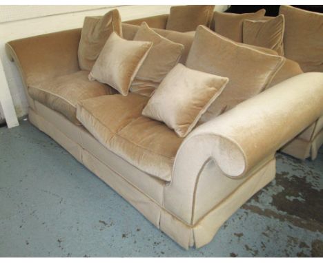 SOFA, Chesterfield style upholstered in golden shades with scroll arms, 242cm W.