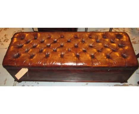 OTTOMAN, Traditional design, button upholstered tan brown leather rectangular with rising lid and tapering sides, 41cm H x 13