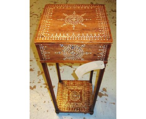 MOORISH WORKTABLE, Moorish hardwood and mother of pearl inlay with hinged top and undertier, 29cm x 29cm x 72cm H.