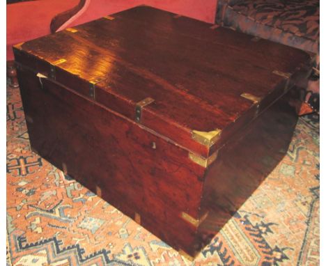 LOW TRUNK, 19th century pine and brass bound with rising lid, 89cm x 76cm x 50cm H.