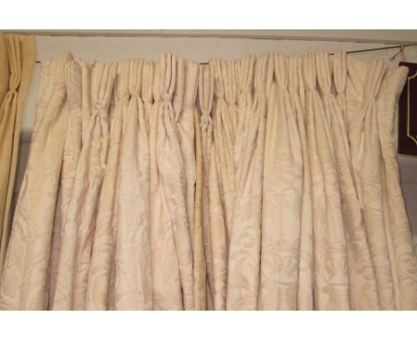 CURTAINS, a pair, cream, cotton damask, lined and interlined, each 130cm gathered x  210cm dropped. (2)